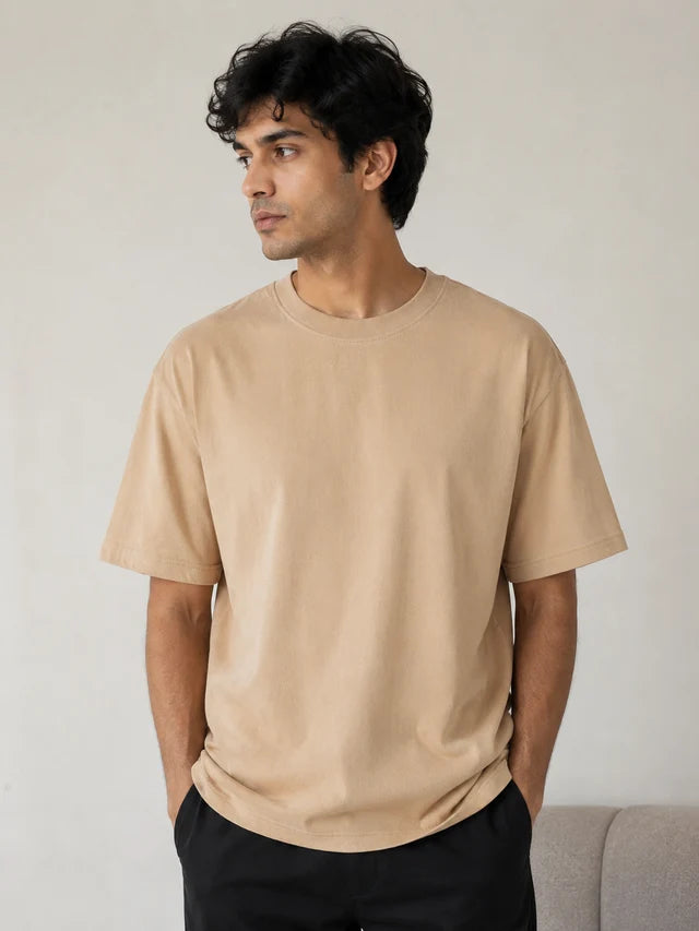 365BC men's beige 240 GSM 100% cotton French Terry oversized T-shirt
