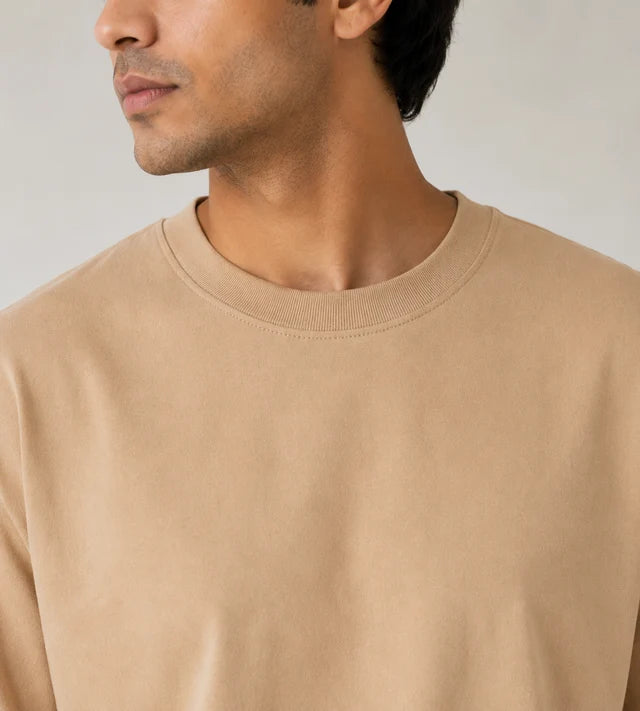 Men's Beige 240 GSM 100% Cotton French Terry Oversized T-Shirt