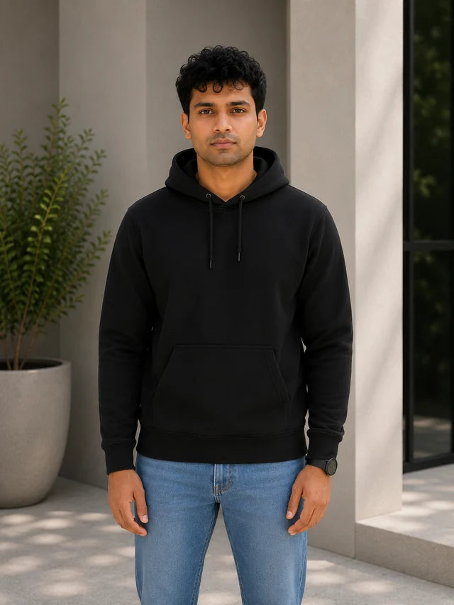 Men's black 320 GSM cotton blend hoodie, 88% cotton and 12% polyester, styled for everyday wear