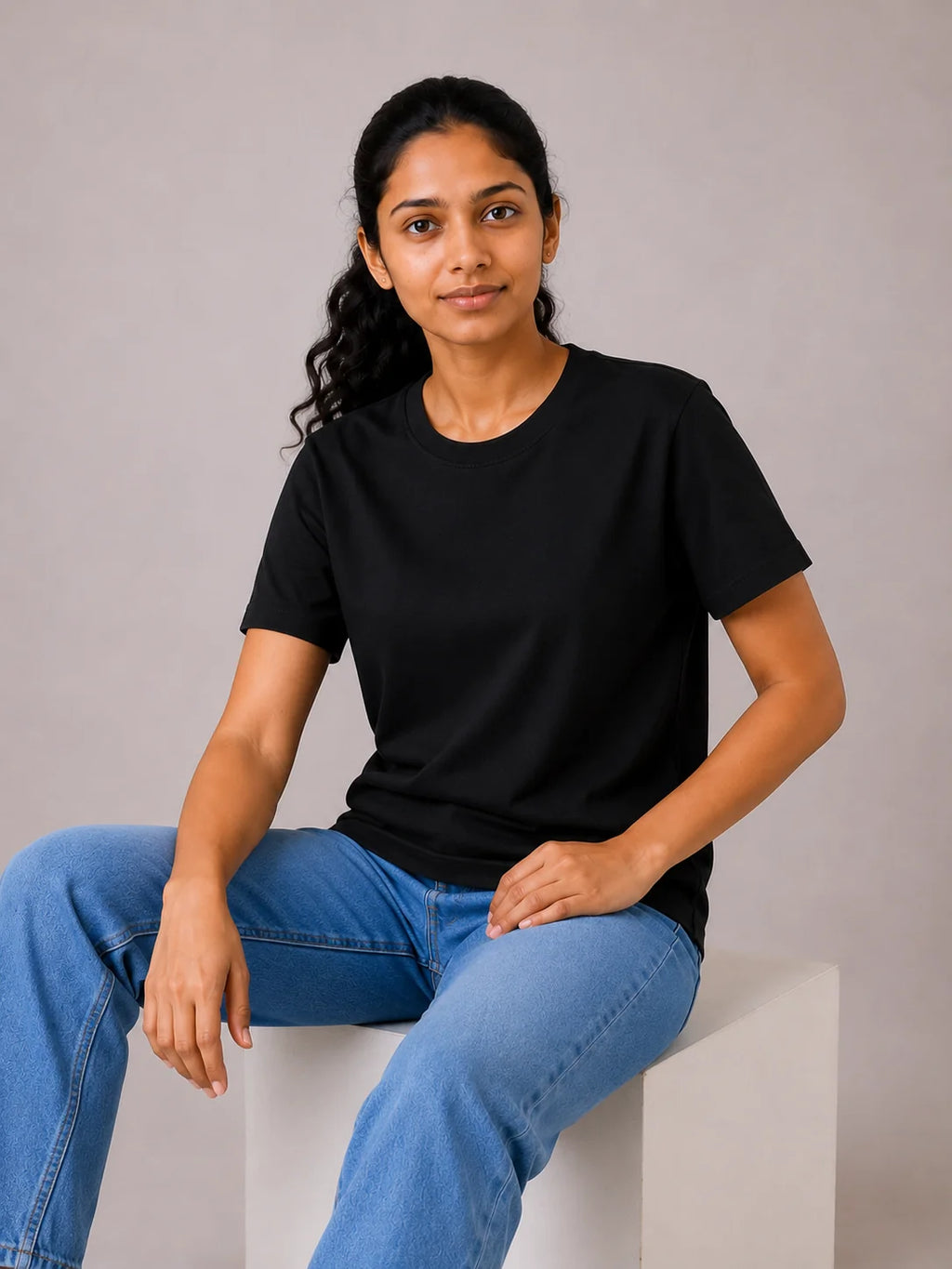 365BC Women's Black Cotton Regular Fit T-Shirt for Everyday Wear