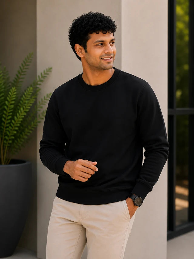 Men's premium black cotton blend crewneck sweatshirt, 88% cotton and 12% polyester, styled for everyday wear