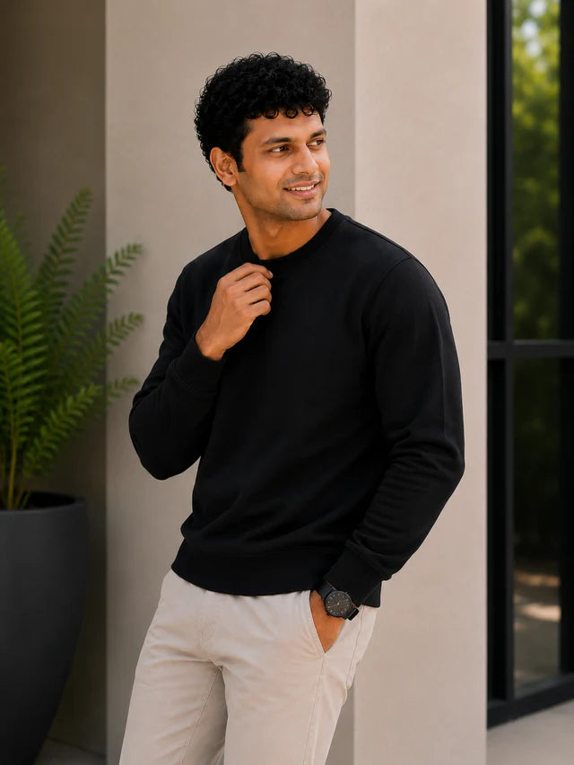 Men's Premium Cotton Crewneck Sweatshirt – Black | Soft Winter Wear