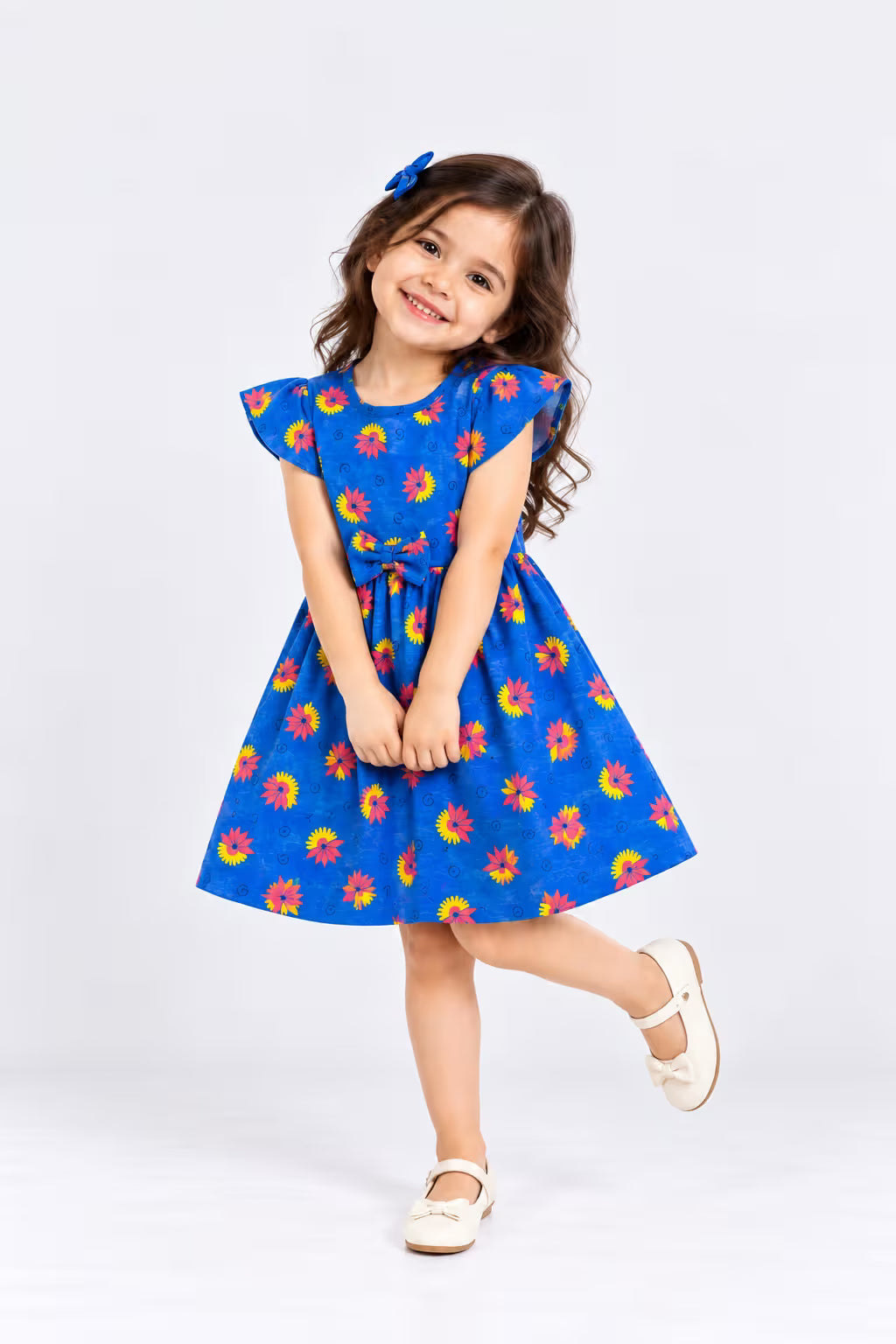 Blue floral flutter-sleeve cotton frock for girls with waist bow