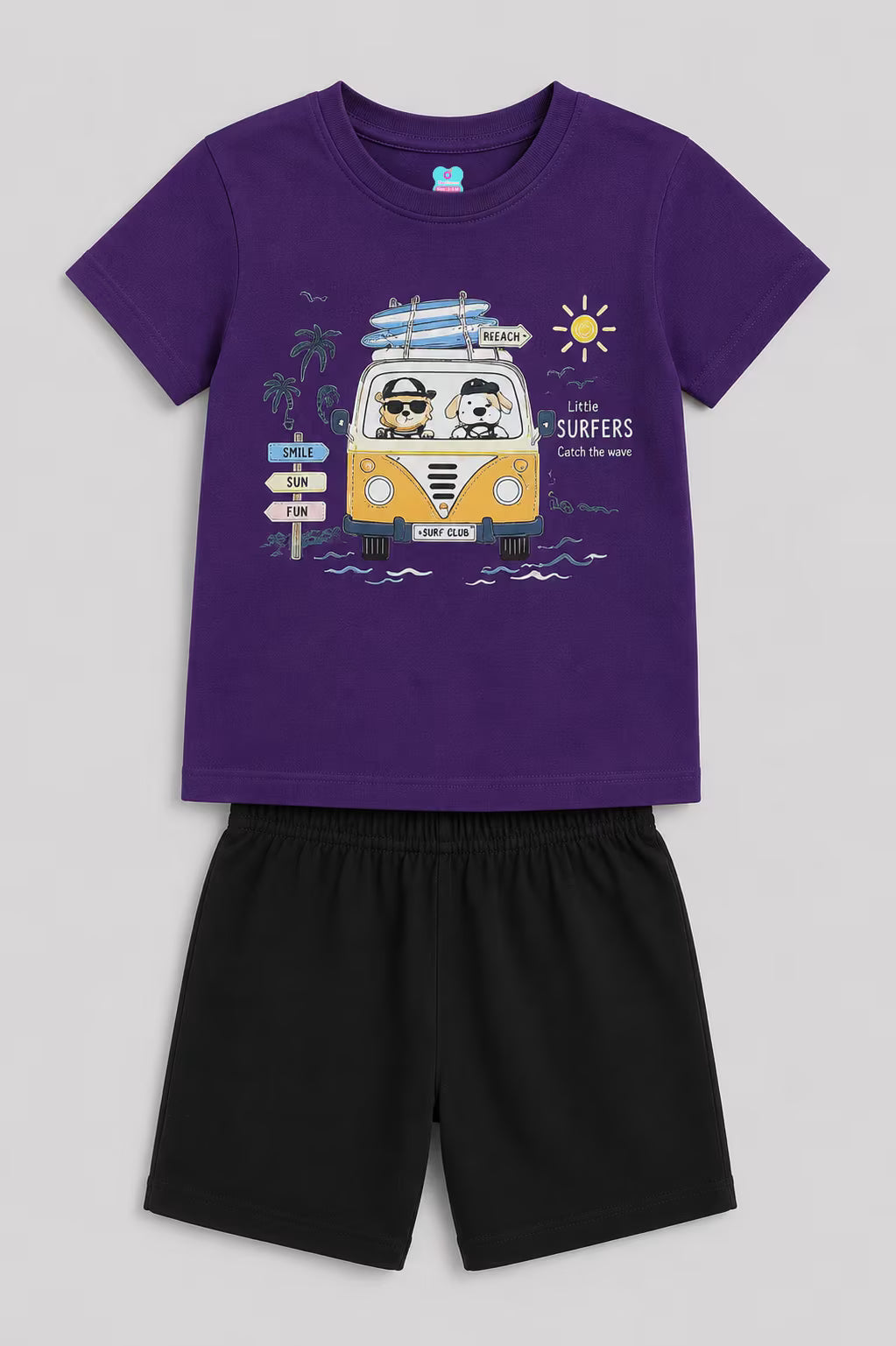Purple Little Surfers co-ord set for boys with printed T-shirt and shorts
