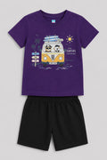 Purple Little Surfers co-ord set for boys with printed T-shirt and shorts