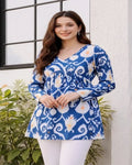 Women's blue Ikat print cotton tunic top with long sleeves and relaxed fit