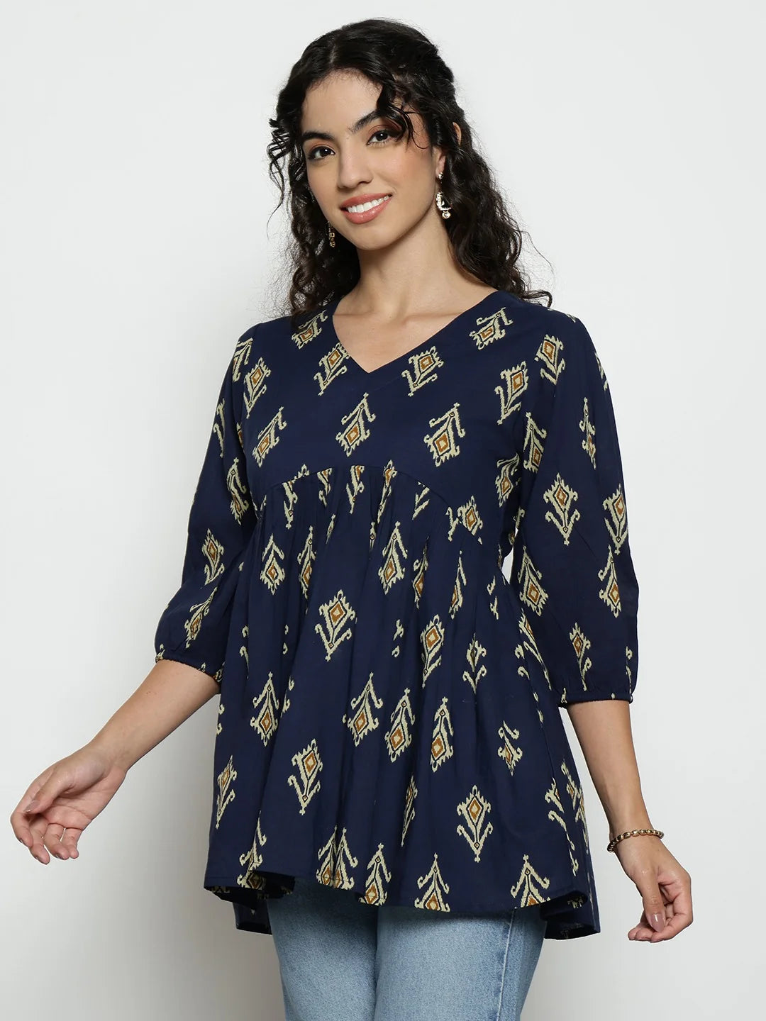 Dark Green Ikat Print Cotton Peplum Top