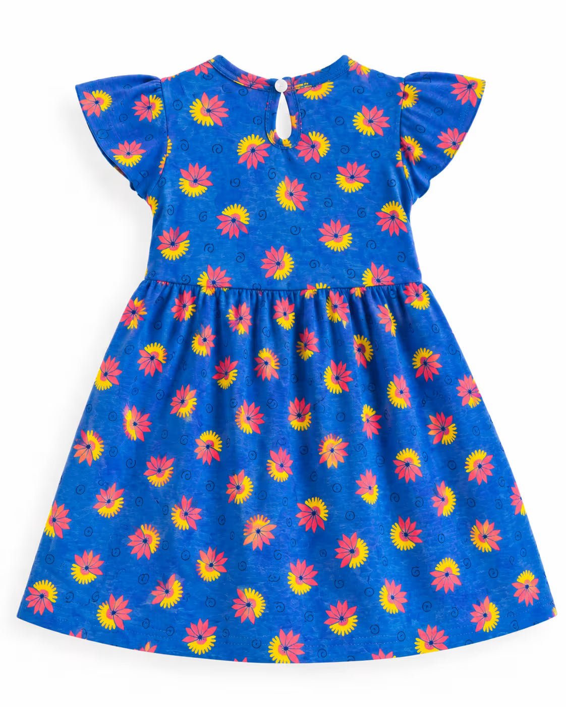 Blue Floral Flutter-Sleeve Dress for Girls | Cotton Frock with Bow