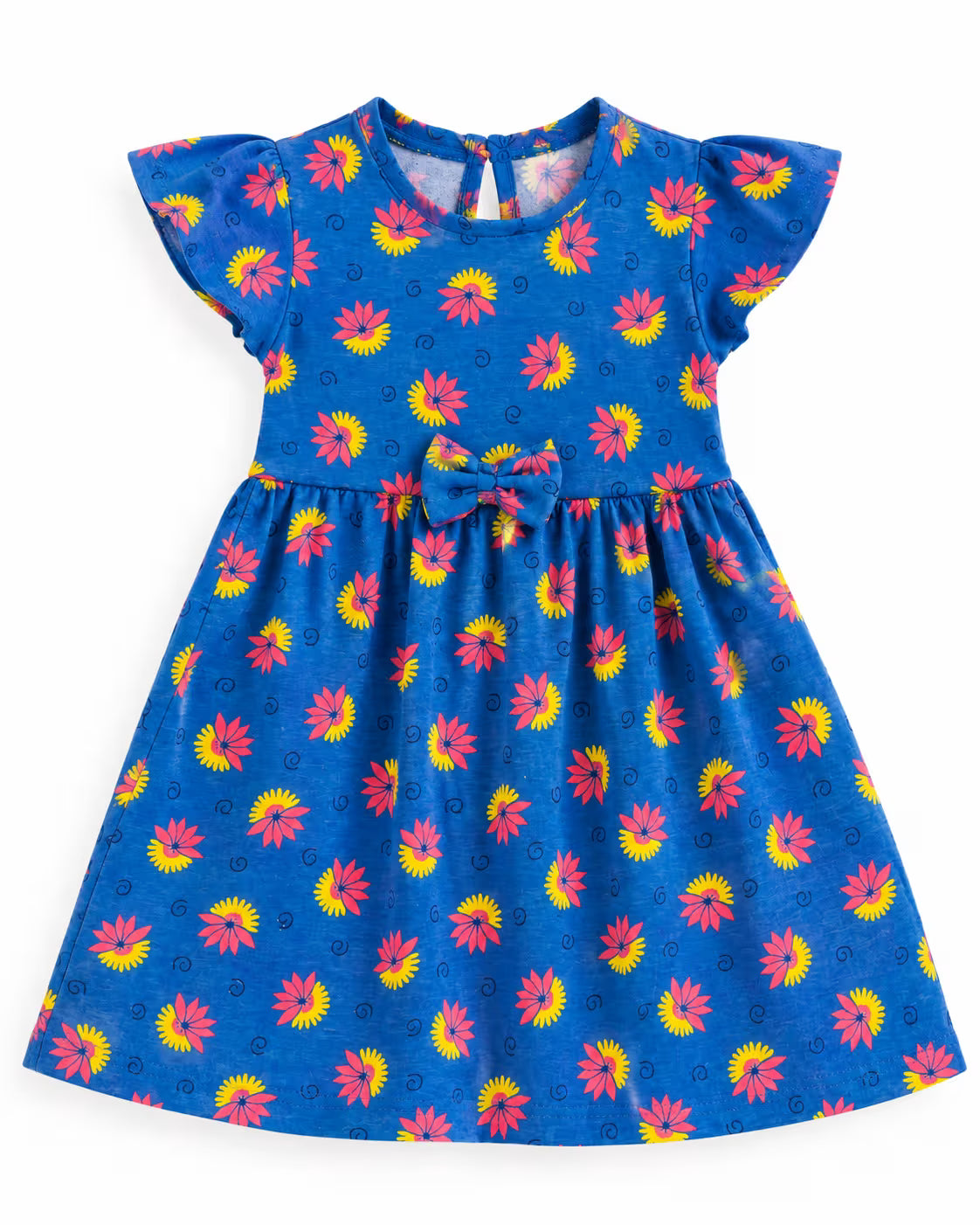 Blue Floral Flutter-Sleeve Dress for Girls | Cotton Frock with Bow
