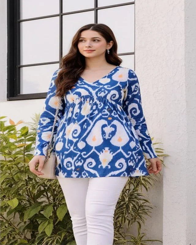 Women Blue Ikat Print Cotton Tunic Top