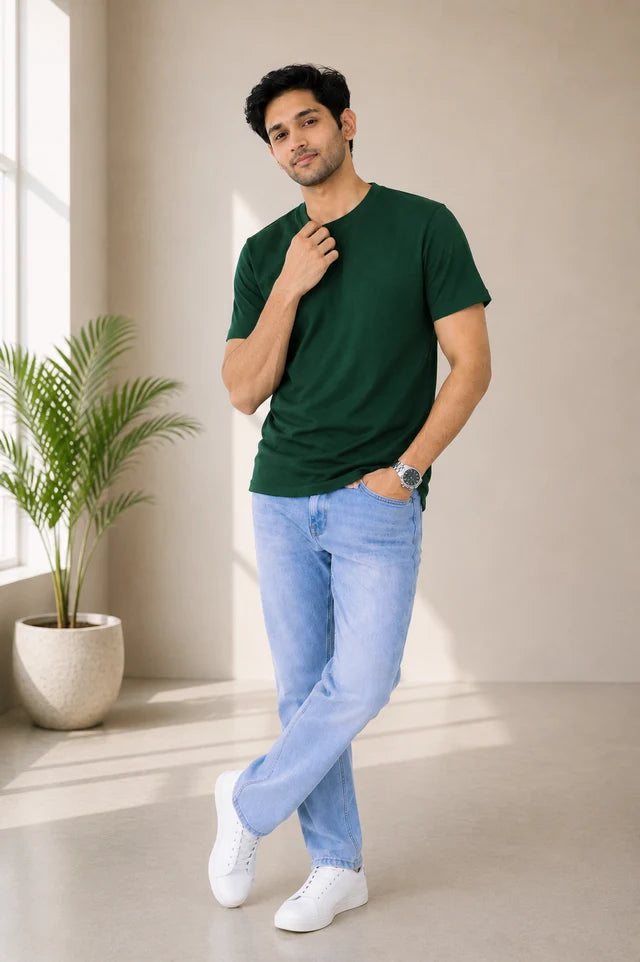 Men's Bottle Green 100% Cotton T-Shirt | 180 GSM Premium Regular Fit