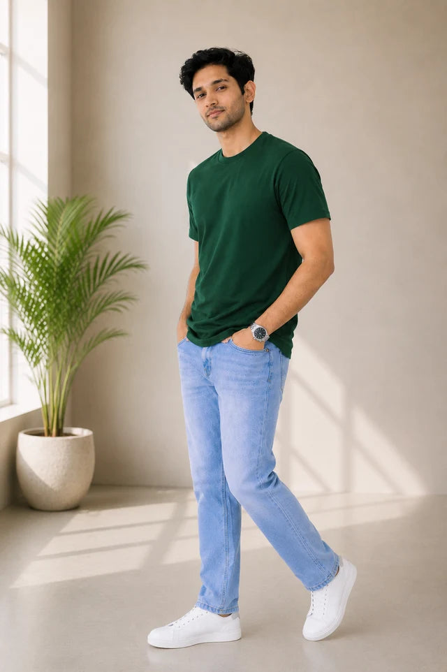 Men's Bottle Green 100% Cotton T-Shirt | 180 GSM Premium Regular Fit