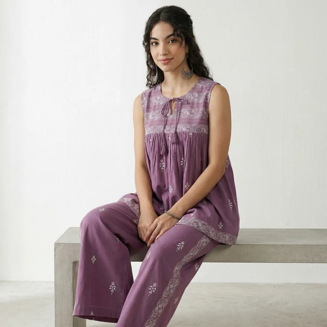 Cotton Co-Ord Set – Elegant Printed Top & Pants (Purple)