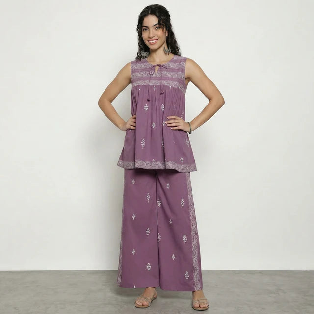 Cotton Co-Ord Set – Elegant Printed Top & Pants (Purple)