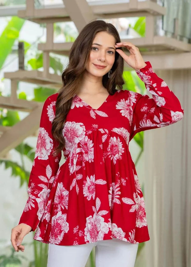 Women's crimson red floral printed cotton tunic top with long sleeves and relaxed fit