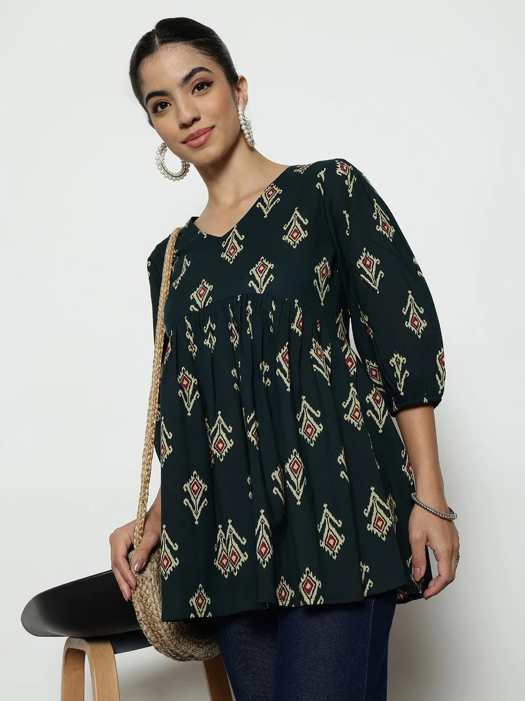 Dark Green Ikat Print Cotton Peplum Top