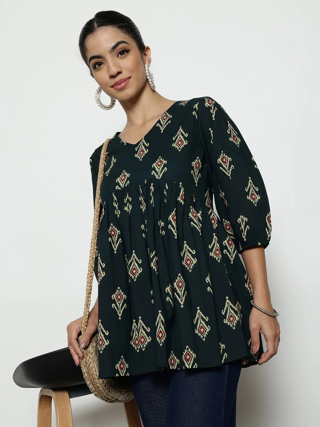 Dark Green Ikat Print Cotton Peplum Top