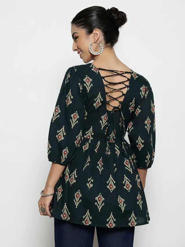 Dark Green Ikat Print Cotton Peplum Top