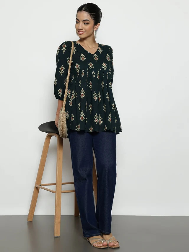 Dark Green Ikat Print Cotton Peplum Top