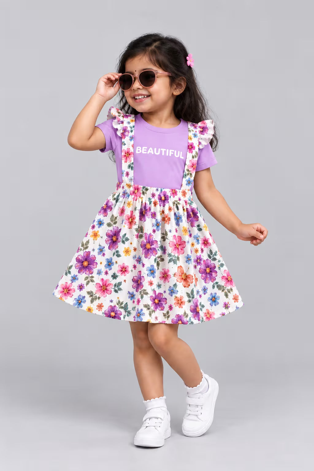 Lavender floral suspender dress set for girls