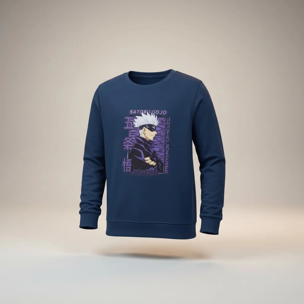 Boys Navy Blue Anime Printed Full Sleeve T-Shirt | Graphic Tee
