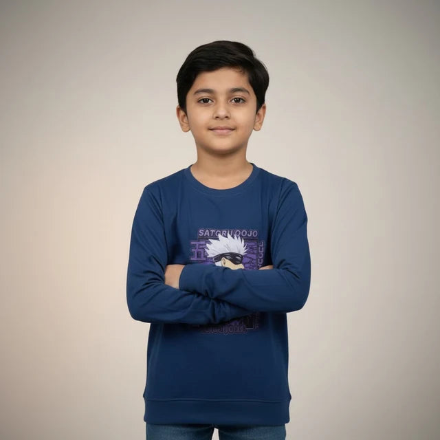 Boys Navy Blue Anime Printed Full Sleeve T-Shirt | Graphic Tee