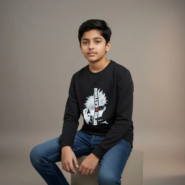 Boys Black Anime Printed T-Shirt – Full Sleeve Graphic Tee