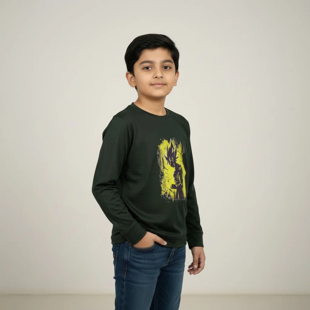 Boys Dark Green Anime Printed T-Shirt – Full Sleeve Graphic Tee