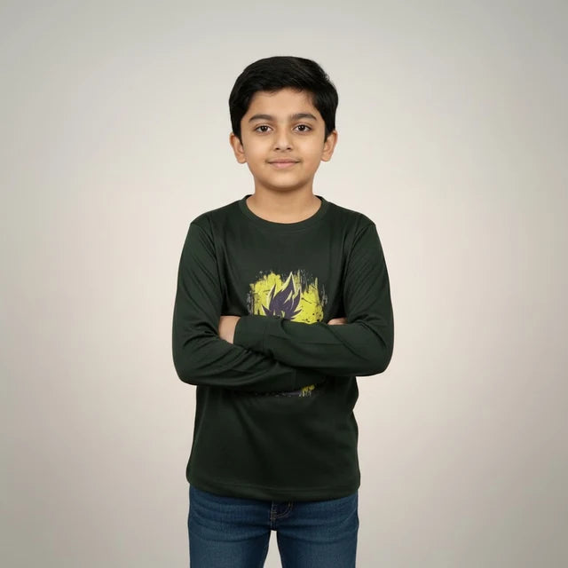Boys Dark Green Anime Printed T-Shirt – Full Sleeve Graphic Tee