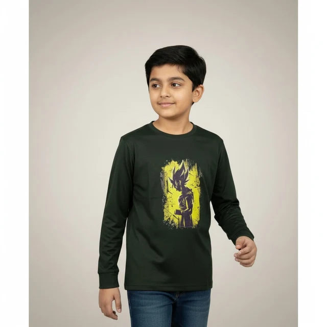 Boys Dark Green Anime Printed T-Shirt – Full Sleeve Graphic Tee