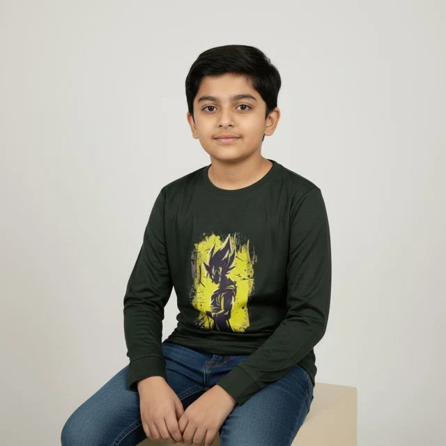 Boys Dark Green Anime Printed T-Shirt – Full Sleeve Graphic Tee