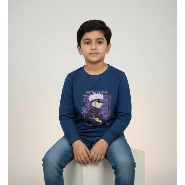 Boys Navy Blue Anime Printed Full Sleeve T-Shirt | Graphic Tee
