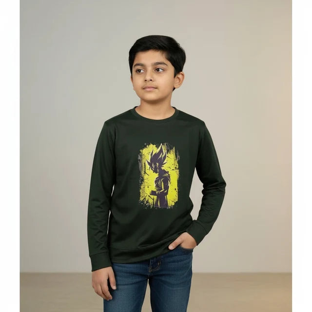 Dark green anime printed full sleeve T-shirt for boys
