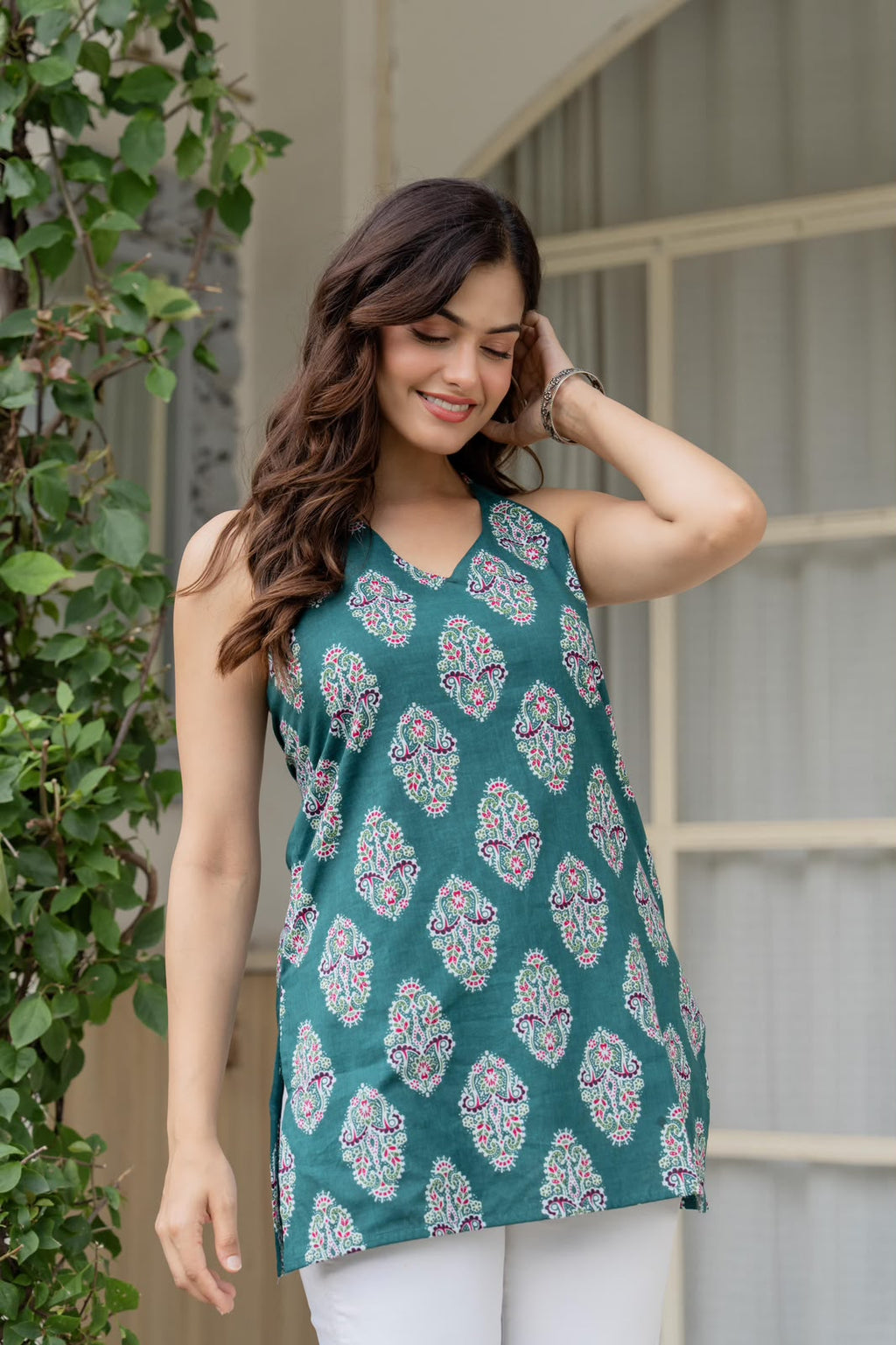 Women’s Purple Printed Cotton Halter Top – Stylish Back Tie-Up Top