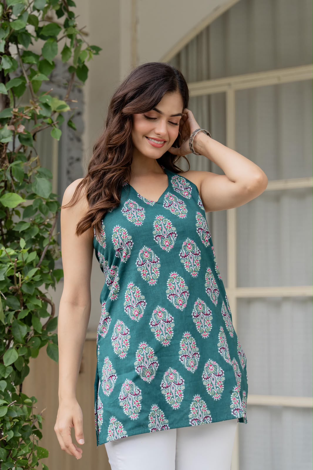 Women’s Purple Printed Cotton Halter Top – Stylish Back Tie-Up Top