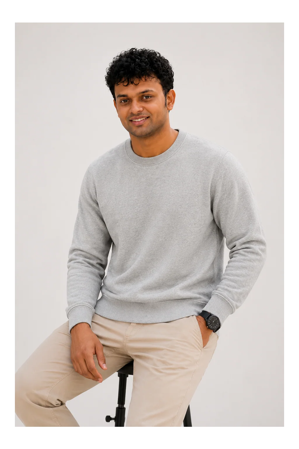 Men's premium grey cotton blend crewneck sweatshirt, 88% cotton and 12% polyester, styled for everyday wear