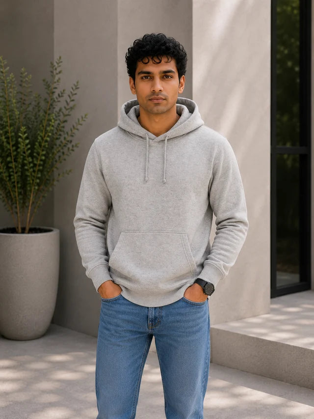 Men's premium grey cotton blend hoodie, 88% cotton and 12% polyester, styled for everyday wear