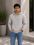 Men's premium grey cotton blend hoodie, 88% cotton and 12% polyester, styled for everyday wear