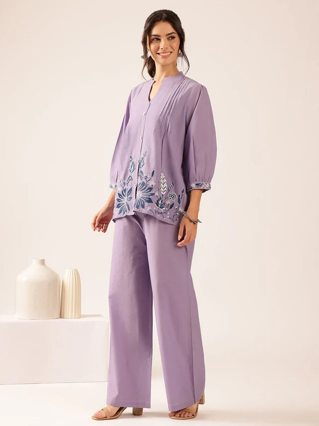 Purple floral printed co-ord set for women with embroidered top and wide-leg pants