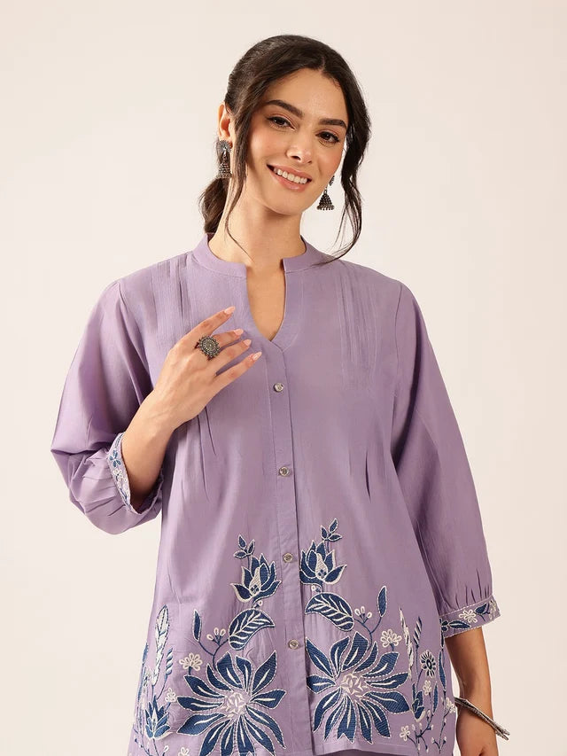 Blush Pink Floral Printed Co-Ord Set | Embroidered Top