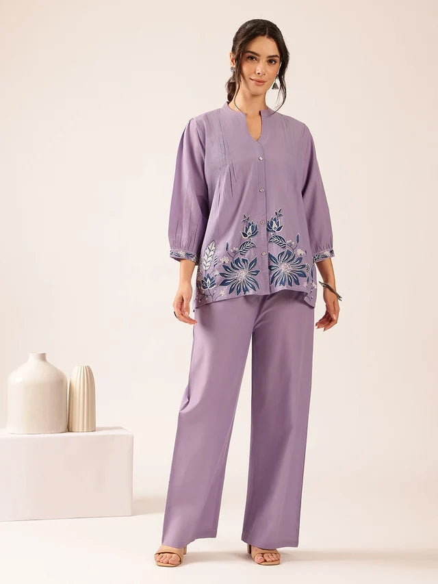 Blush Pink Floral Printed Co-Ord Set | Embroidered Top