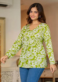 Women's lime green floral printed cotton tunic top with long sleeves and relaxed fit