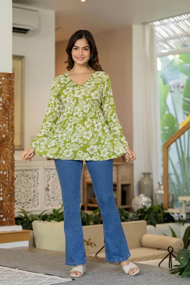 Lime Green Floral Printed Cotton Tunic Top