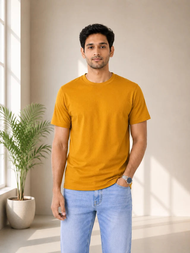 Men's Mustard Yellow 100% Cotton T-Shirt | 180 GSM Premium Regular Fit