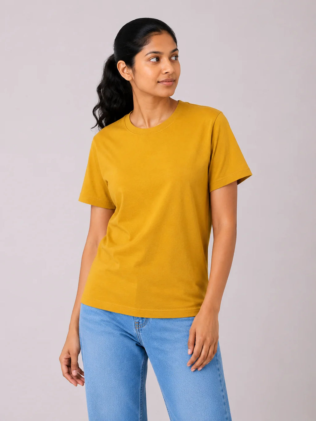 Women's mustard yellow 100% cotton bio-washed T-shirt | 365BC