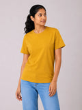 Women's mustard yellow 100% cotton bio-washed T-shirt | 365BC
