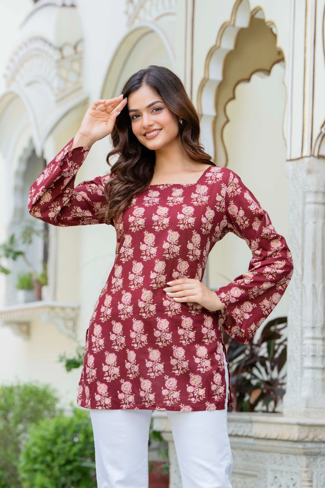 Women’s Cotton Printed Summer Tunic Top – Maroon Ethnic Print