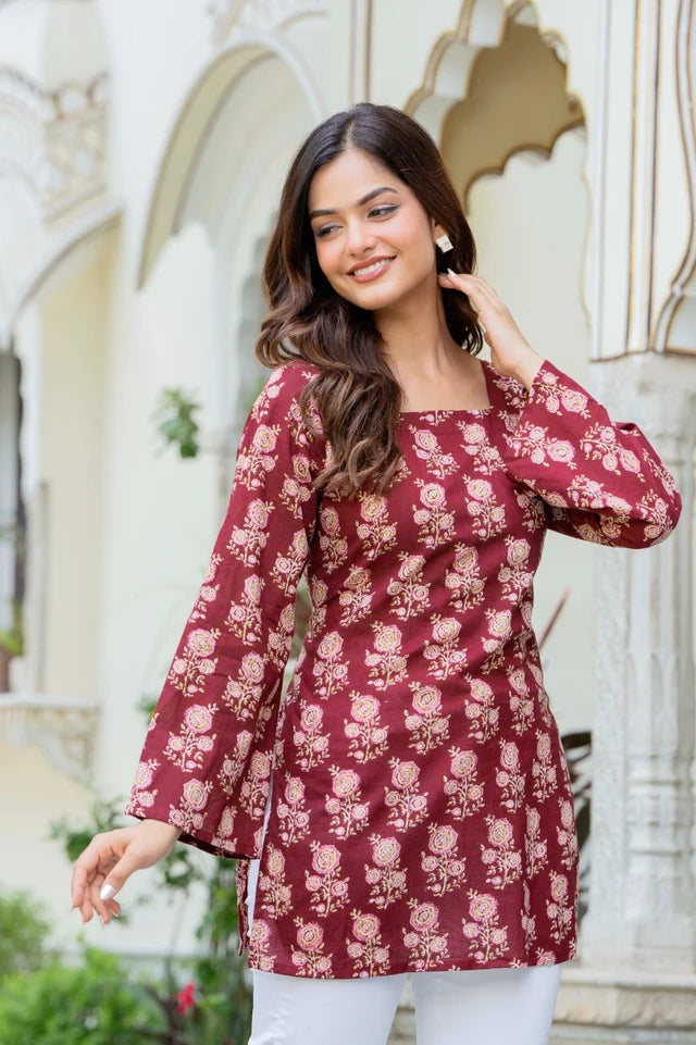 Women’s Cotton Printed Summer Tunic Top – Maroon Ethnic Print