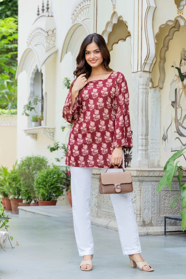Women’s Cotton Printed Summer Tunic Top – Maroon Ethnic Print