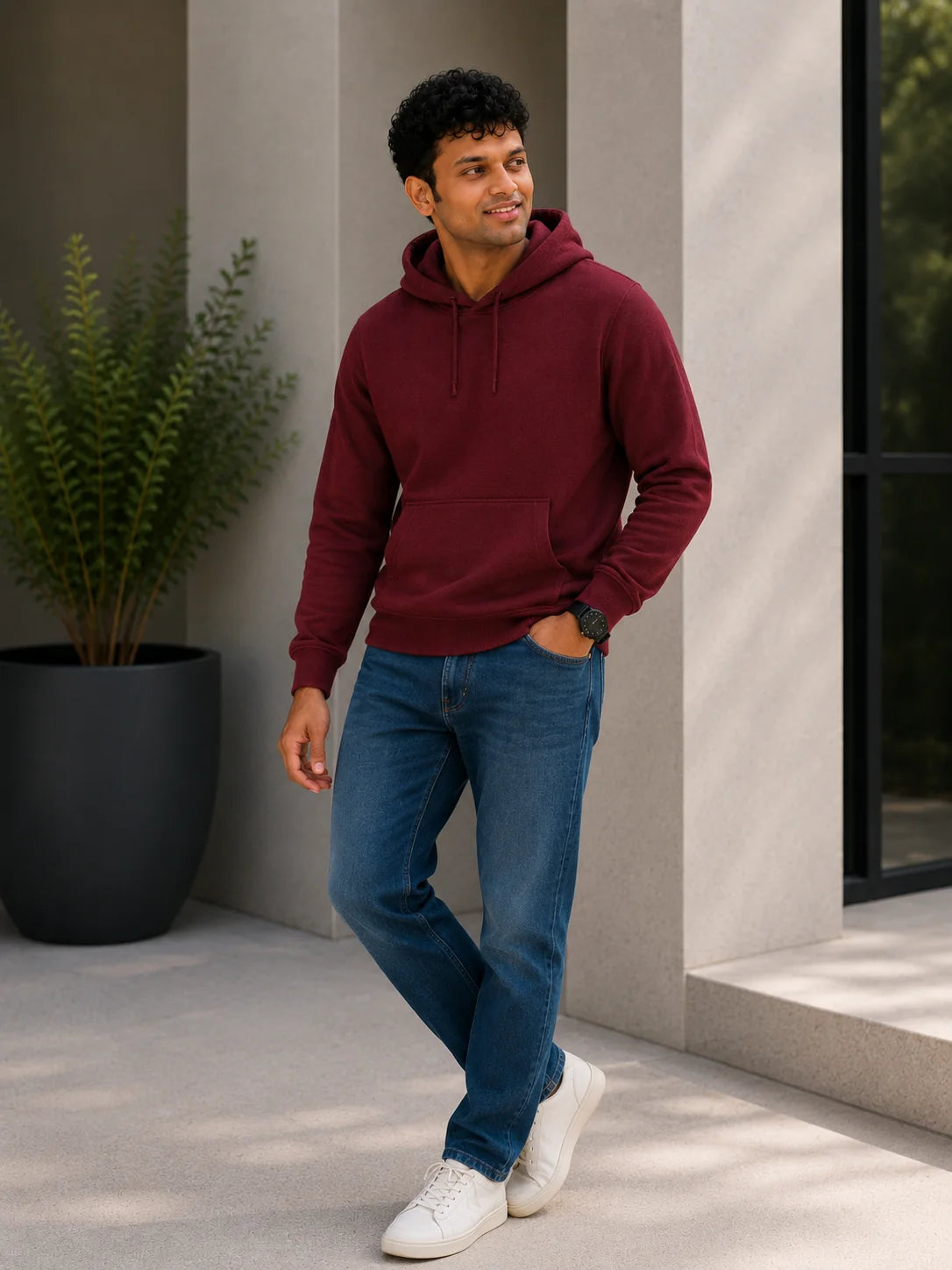 Men's premium maroon cotton blend hoodie, 88% cotton and 12% polyester, styled for everyday wear